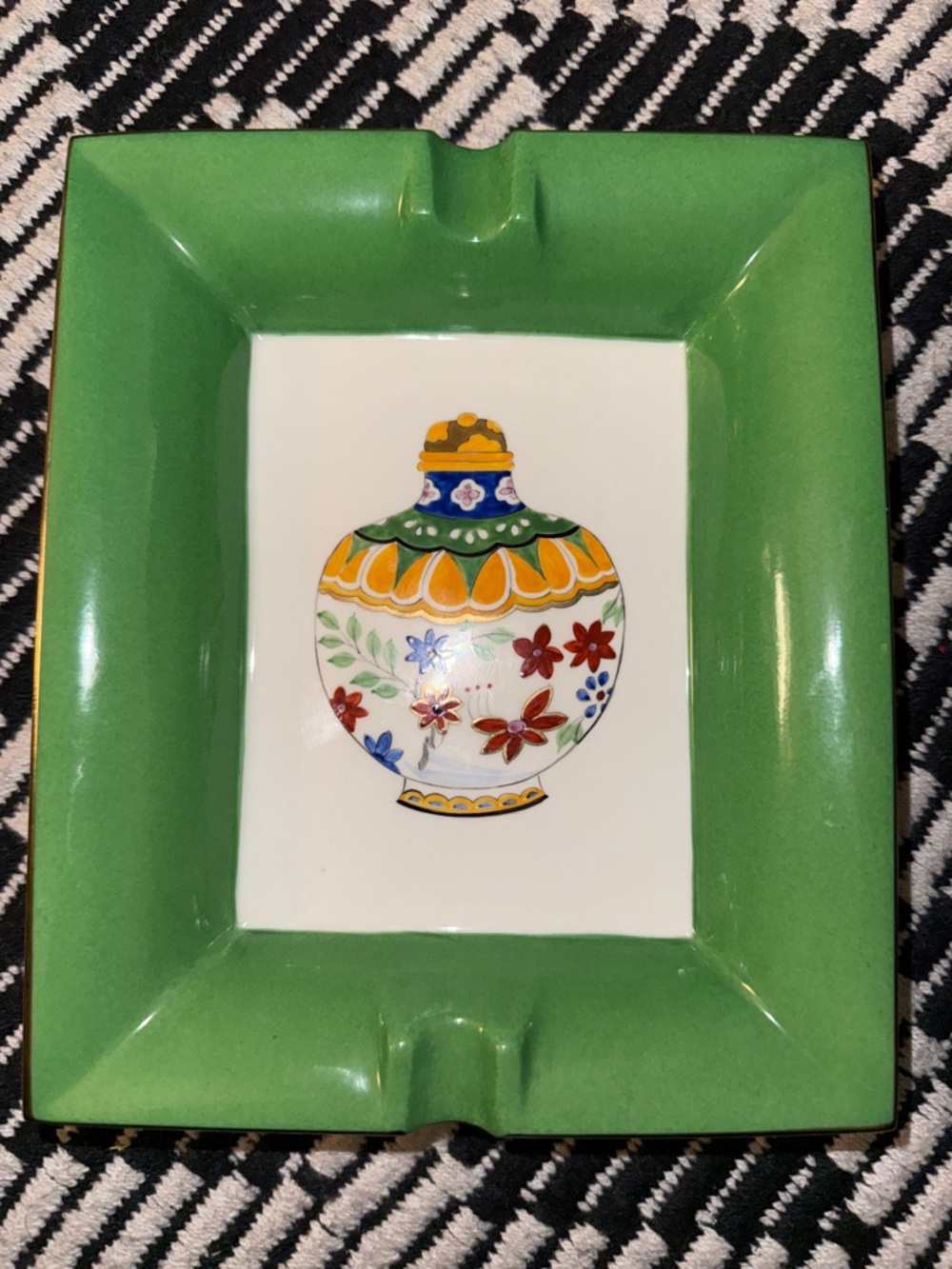 Kelly green designer vintage painted porcelain ash tray / trinket tray